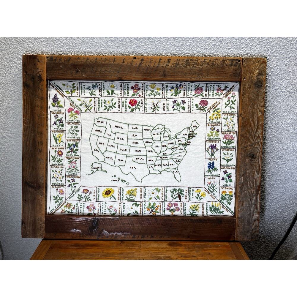 Vintage FRAMED Embroidered USA Map Of States & State Flowers 1972 Paragon